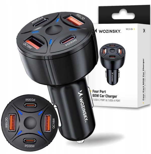 Ladowarka samochodowa Wozinsky WLS-04 60W 2xUSB-C 2xUSB-A czarna