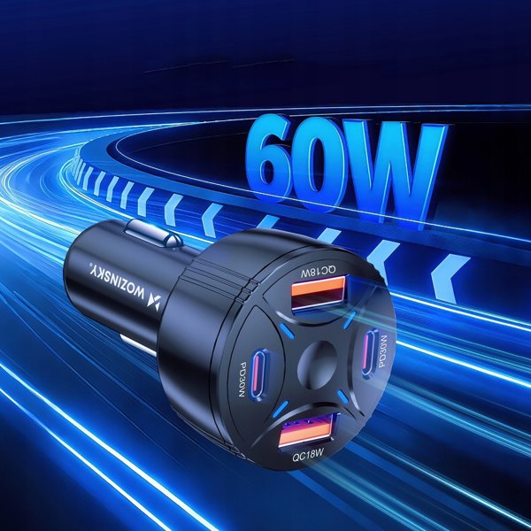 Ladowarka samochodowa Wozinsky WLS-04 60W 2xUSB-C 2xUSB-A czarna