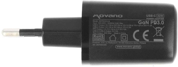 Ładowarka Movano GaN 30W USB-C PD + USB-A (black)
