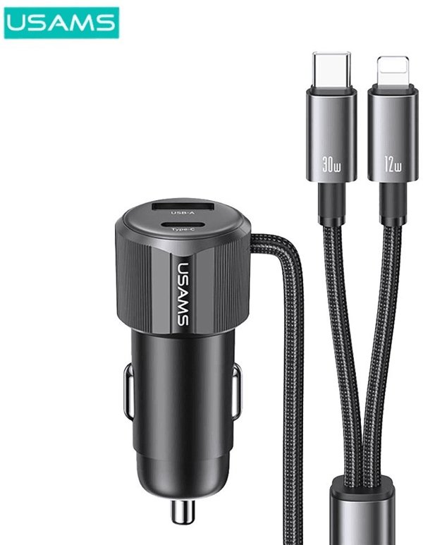 Usams ladowarka samochodowa YT Series CC287 66W USB-A i USB-C z kablem 2w1 USB-C/Lightning matowa