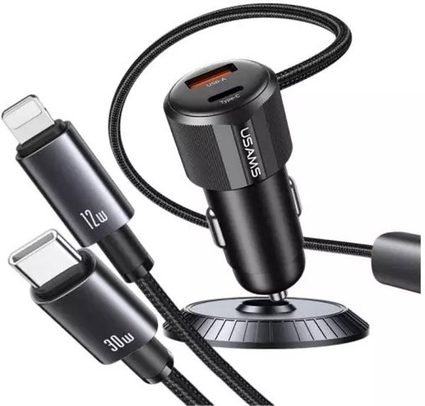 Usams ladowarka samochodowa YT Series CC287 66W USB-A i USB-C z kablem 2w1 USB-C/Lightning matowa