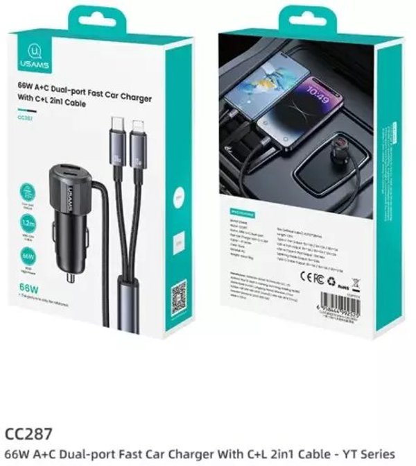 Usams ladowarka samochodowa YT Series CC287 66W USB-A i USB-C z kablem 2w1 USB-C/Lightning matowa