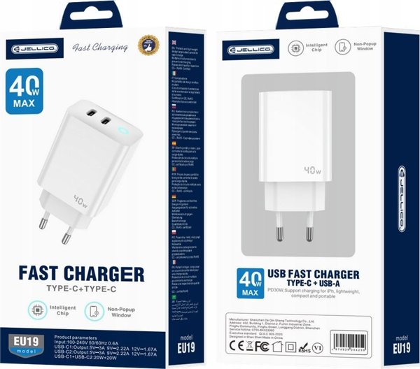 Jellico Φορτιστής δικτύου EU19 GaN PD 40W 2xUSB-C Λευκός