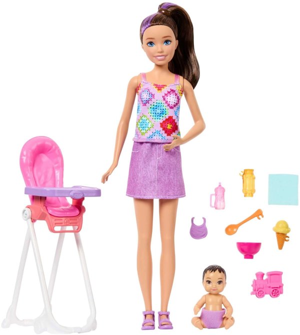 Κούκλα Barbie Skipper φροντίστρια με καρέκλα φαγητού και μωρό σετ παιχνιδιού JJB44/JKC16