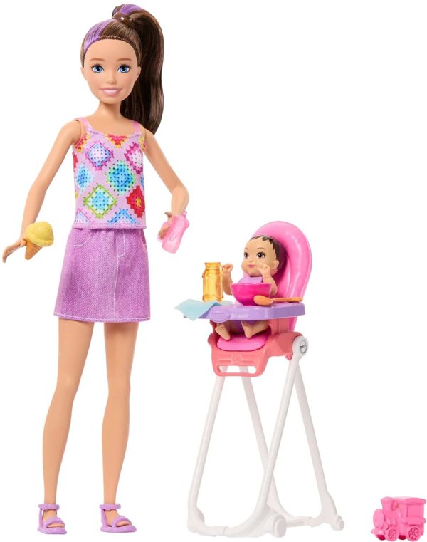 Κούκλα Barbie Skipper φροντίστρια με καρέκλα φαγητού και μωρό σετ παιχνιδιού JJB44/JKC16