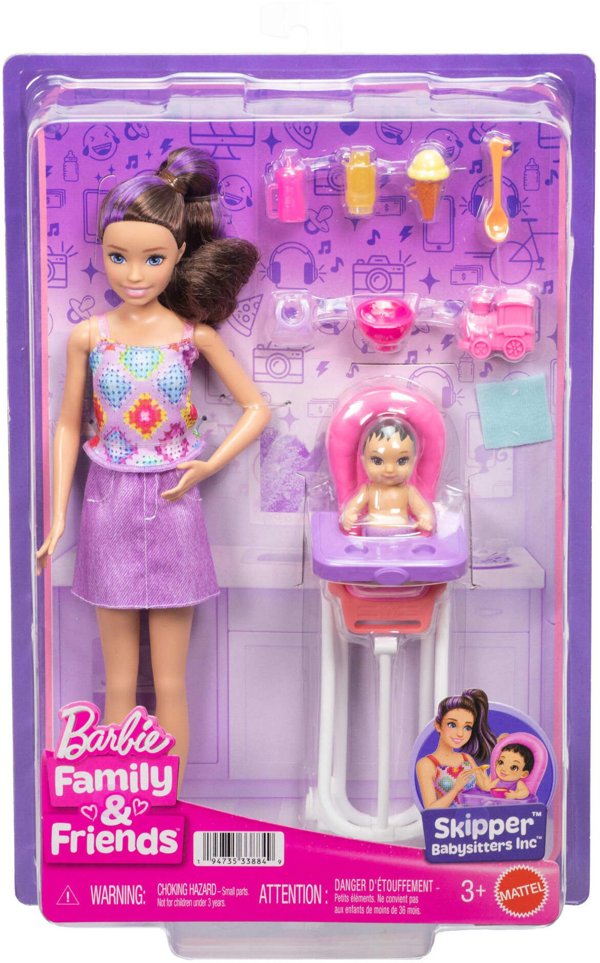 Κούκλα Barbie Skipper φροντίστρια με καρέκλα φαγητού και μωρό σετ παιχνιδιού JJB44/JKC16