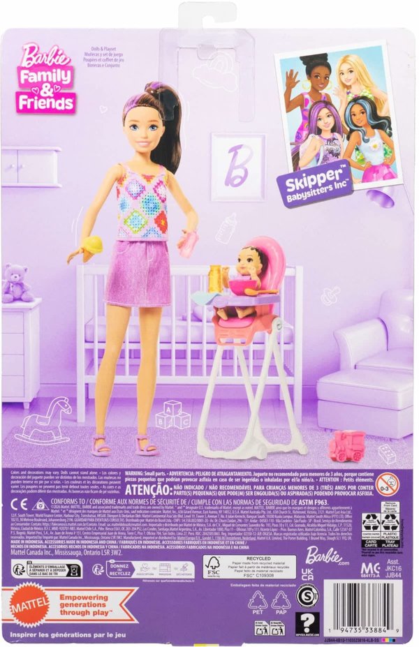 Κούκλα Barbie Skipper φροντίστρια με καρέκλα φαγητού και μωρό σετ παιχνιδιού JJB44/JKC16