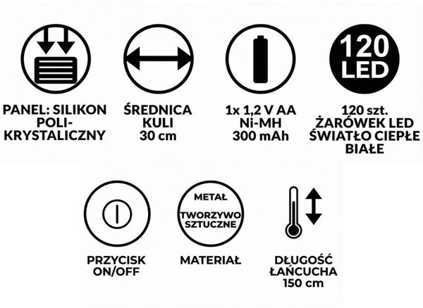 Ηλιακή κρεμαστή λάμπα σφαίρα 30cm 120 LED θερμό λευκό