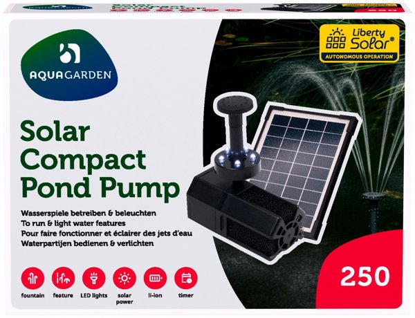 Lampa Aquagarden liberty, kompaktowa pompa solarna, do oczka wodnego, 240 l/h, max wys 1,25 cm, LED 0,15W, panel solarny 5W