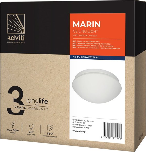 Φωτιστικό Οροφής Orno Marin AD-PL-303WE27SMM με Αισθητήρα Μικροκυμάτων, 60W, E27, IP44
