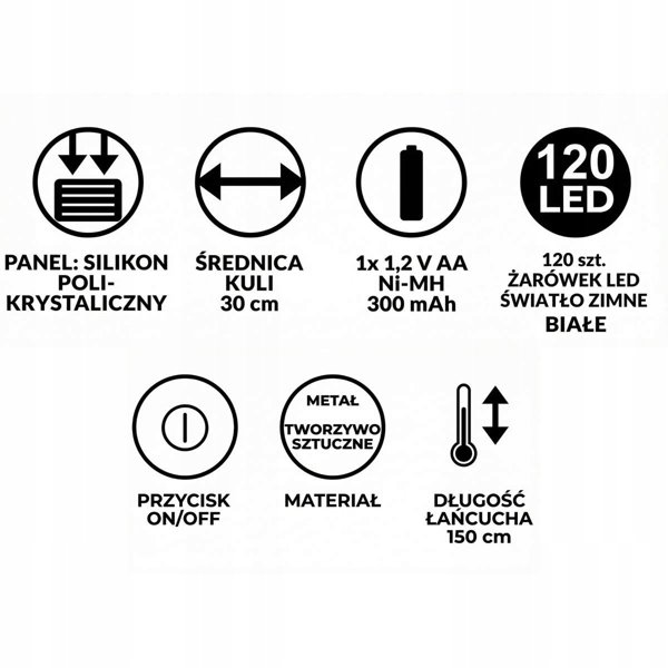 Φωτιστικό Ηλιακό Κρεμαστό Μπάλα 30cm 120 LED Ψυχρό Λευκό
