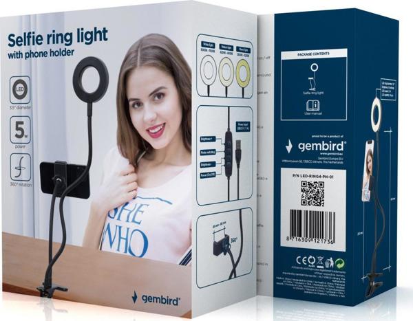 Gembird Ring Light Για Selfie Με Βάση Smartphone, Ρυθμιζόμενη Φωτεινότητα, USB, Μαύρο