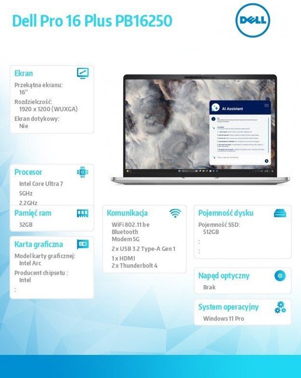 Laptop Dell Pro 16 Plus PB16250 W11P U7-268V/32GB/512GB SSD CL25/FgrPr&SmtCd/IRCam&Mic/5G LTE+BT/16.0 FHD+/BcklKb/3C/vPro/3YPS