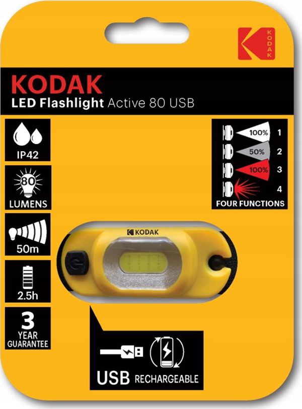 Φακός Κεφαλής Kodak Active 80 LED, 80 Lumen, Επαναφορτιζόμενος USB, με 4 Λειτουργίες Φωτισμού και Περιστροφή 365°