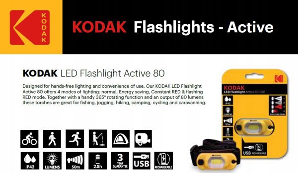Φακός Κεφαλής Kodak Active 80 LED, 80 Lumen, Επαναφορτιζόμενος USB, με 4 Λειτουργίες Φωτισμού και Περιστροφή 365°