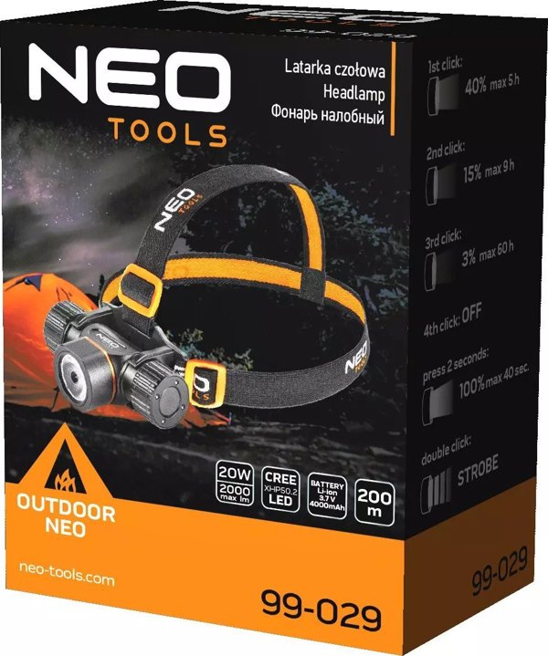 Neo Φακός Κεφαλής 99-029, 2000 Lumens, 20W LED CREE XP50.2, Επαναφορτιζόμενος 4000mAh, Εμβέλεια 200m
