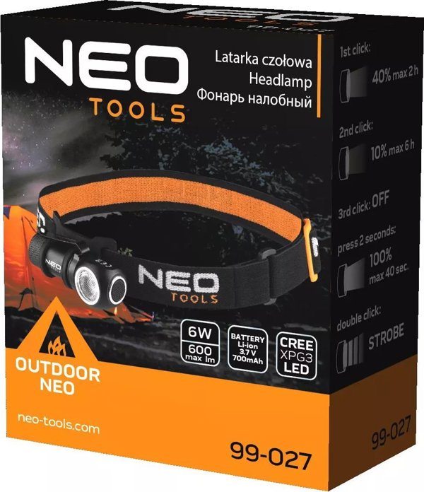 Neo Φακός Κεφαλής Επαναφορτιζόμενος 600 lm, CREE XPG3 LED, USB, 90m (99-027)