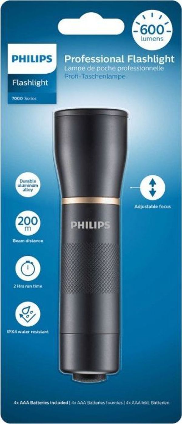 Philips Επαναφορτιζόμενος Φακός LED 600 Lumens IPX4 Μαύρος