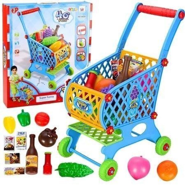LeanToys Καροτσάκι Σούπερ Μάρκετ για Παιδιά με 46 Αξεσουάρ, Μπλε, 52 cm