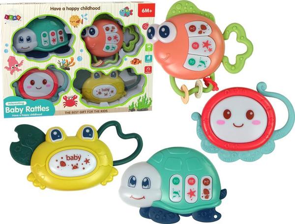 LeanToys Zestaw Grzechotek Dzieciecy 4 sztuki Osmiornica Krab Zwierzeta Morskie Gryzak