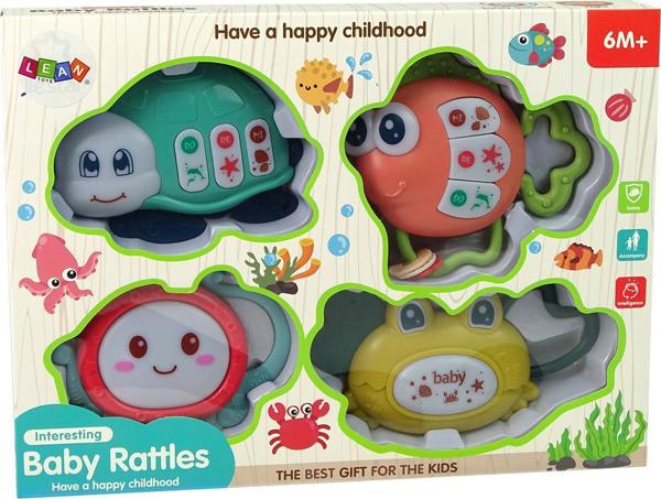 LeanToys Zestaw Grzechotek Dzieciecy 4 sztuki Osmiornica Krab Zwierzeta Morskie Gryzak