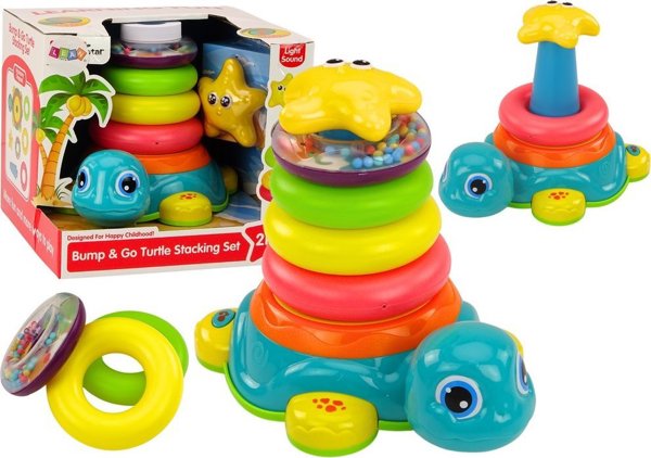 LeanToys Πυραμίδα 2σε1 Καβαλάρης Χελώνα με Τροχούς, Φώτα και Ήχους, Εκπαιδευτικό Παιχνίδι Παζλ