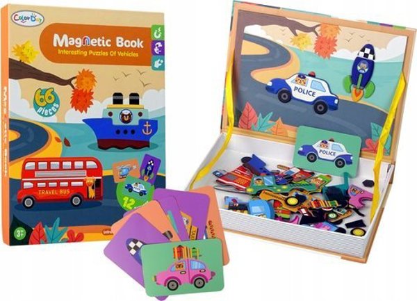 LeanToys Magnetyczna Ukladanka Ksiazka Pojazdy Karty Helikopter Policja LEAN Toys