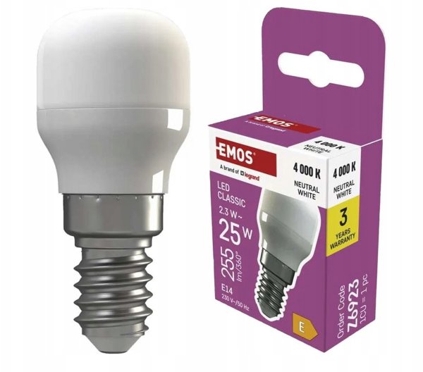 LED ledusskapja spuldze E14 2.3W (25W) 255lm neitrali balta