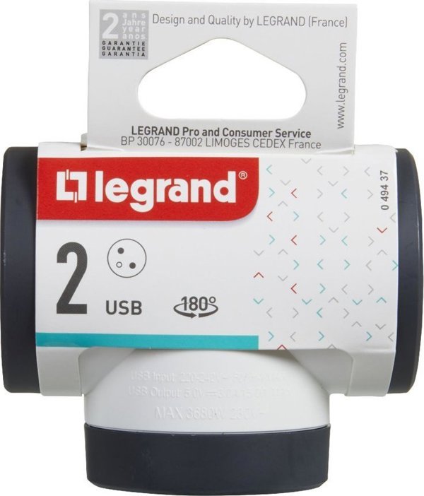Legrand Περιστροφικός Διακλαδωτής Πρίζας 2x2P+T με Θύρες USB-A & USB-C, 3680W, Λευκό/Μαύρο (049437)