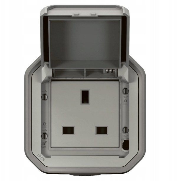 Legrand NOWE PLEXO 55 Gniazdo standard brytyjski 2P+Z zaciski śrubowe natynkowe 13A - 250V AC szare 069732L
