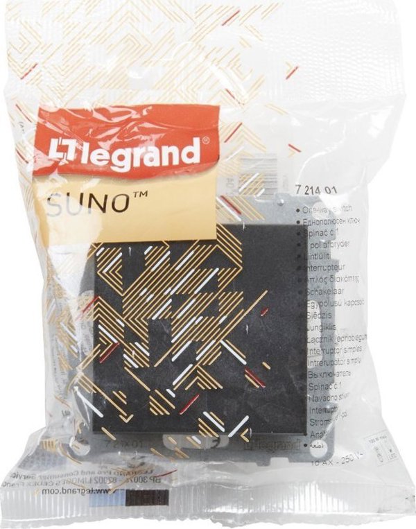 Legrand SUNO Μονοπολικός Διακόπτης Φωτισμού, 10AX, 250V, Αυτόματοι Ακροδέκτες, Μαύρο Χρώμα - 721401