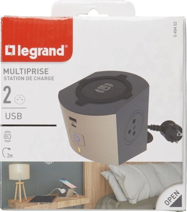 Πολύπριζο Legrand 049402 με 2 Σούκο, Ασύρματο Επαγωγικό Φορτιστή & USB Type-A/C, Σκούρο Γκρι