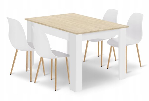 Leobert Σετ Τραπεζαρίας NP 120x80cm, Τραπέζι Dab Sonoma & Λευκό με 4 Καρέκλες WAT Λευκές, Πόδια Φυσικού Ξύλου
