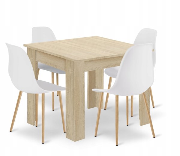 Σετ Τραπεζαρίας Leobert NP: Τραπέζι 80x80cm Δρυς Sonoma & 4 Καρέκλες WAT Λευκές με Πόδια Φυσικού Ξύλου