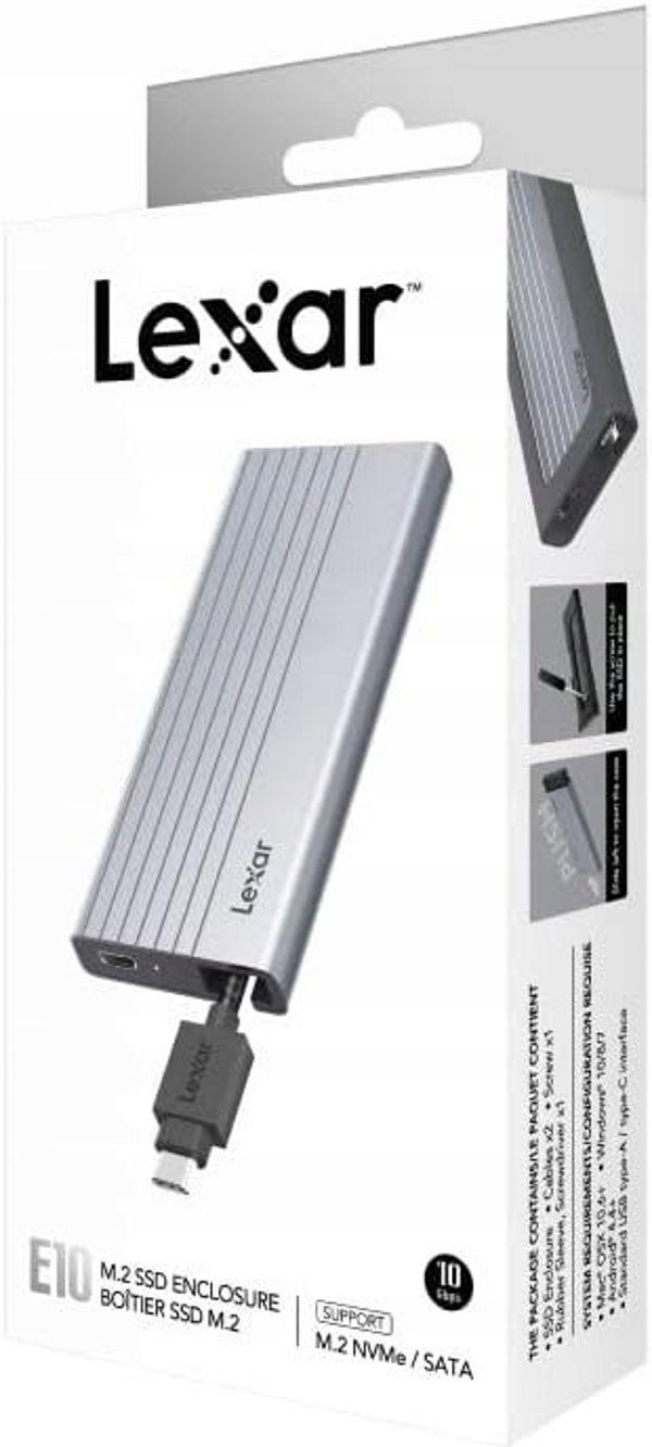 Lexar SSD Storage 10GB Enclosure USB3 M.2 2280 with built in cable