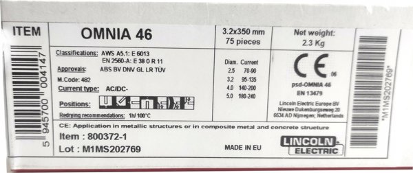 Lincoln Electric Omnia 46 Ηλεκτρόδιο Ρουτιλίου 3.2mm, Μήκος 350mm, Συσκευασία 2.3kg