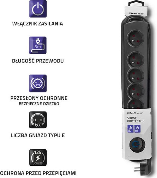 Qoltec Πολύπριζο Ασφαλείας Swift, 6 Υποδοχές, Προστασία από Υπερτάσεις, 5m, Μαύρο