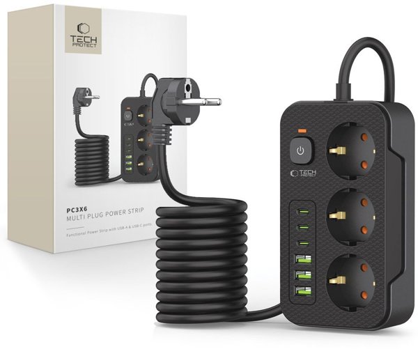 Πολύπριζο Tech-Protect PC3X6 με 3 Θύρες USB, 3 Type-C & 3 Πρίζες, 200cm, Μαύρο