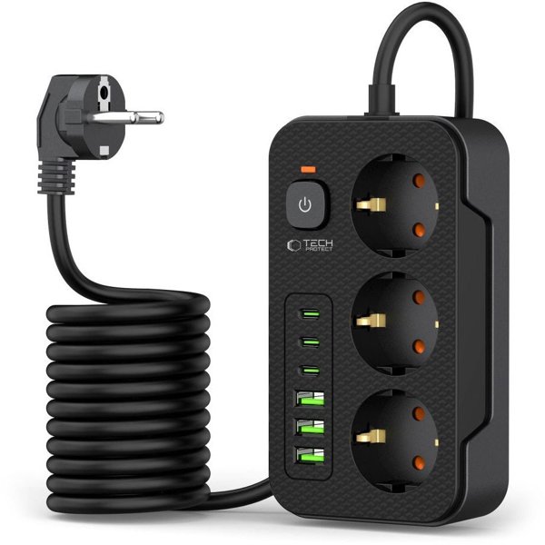 Πολύπριζο Tech-Protect PC3X6 με 3 Θύρες USB, 3 Type-C & 3 Πρίζες, 200cm, Μαύρο