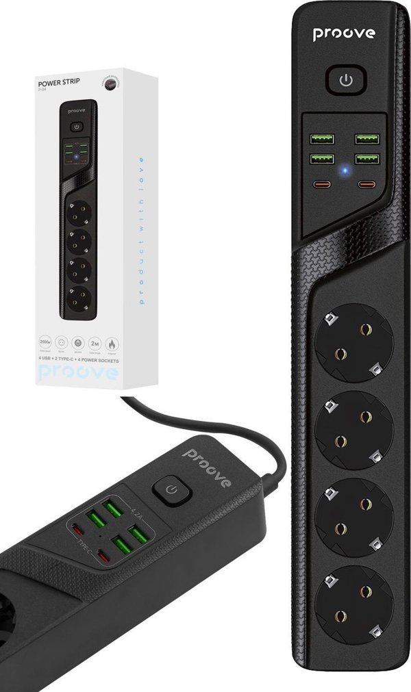 Tech-Protect Πολύπριζο P-04, 4 Θέσεις 230V, 4x USB & 2x Type-C, Προστασία Υπέρτασης, Μαύρο