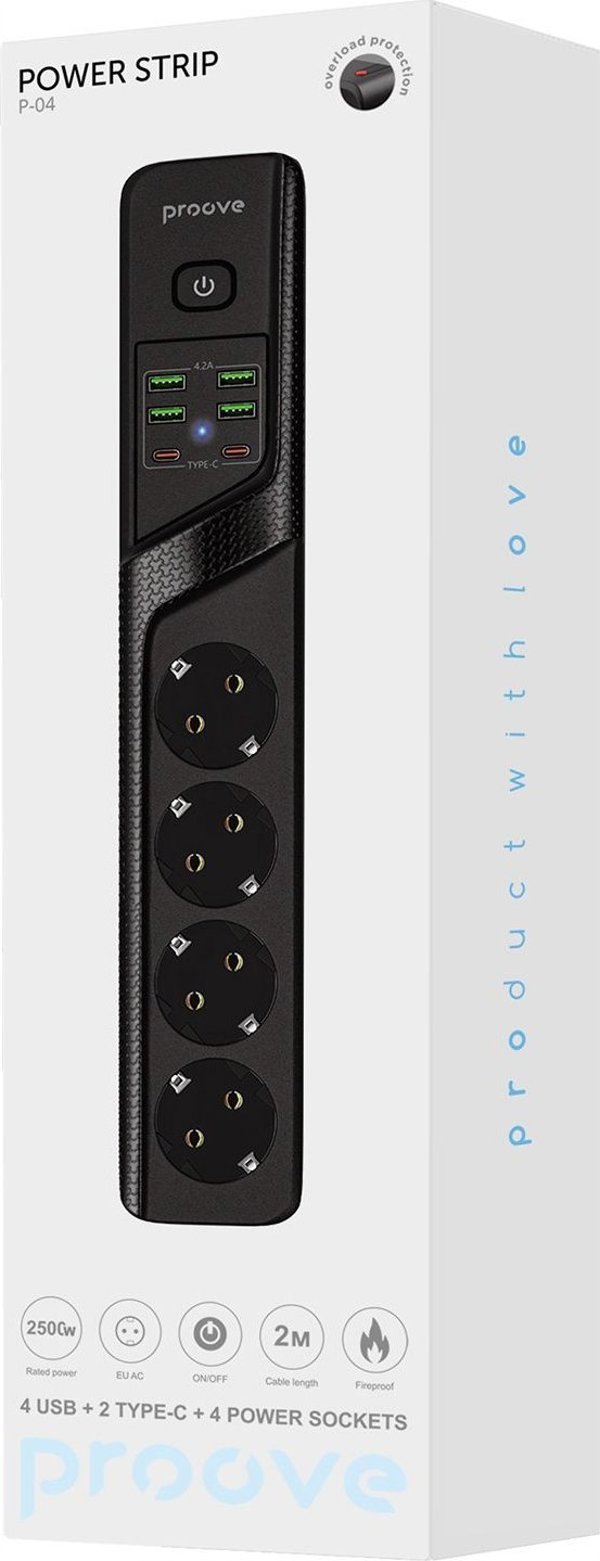 Tech-Protect Πολύπριζο P-04, 4 Θέσεις 230V, 4x USB & 2x Type-C, Προστασία Υπέρτασης, Μαύρο