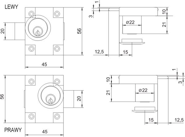 LOB Zamek meblowy niklowany prawy 1szt. ZMB2