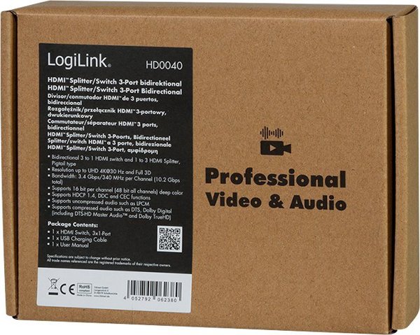 LogiLink LogiLink Switch HDMI,3-port,bidirekt(1x3/3x1),4K/30Hz,CEC