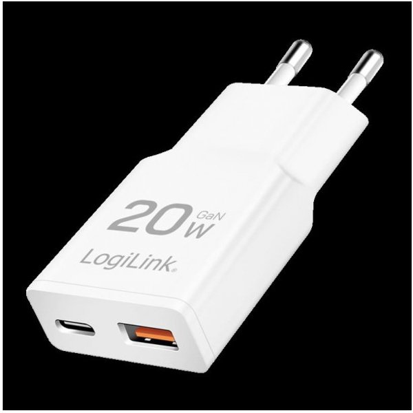 LogiLink USB Wall Charger, GaN, 2port, USB-AF & USB-CF, PD 20W, slim, white