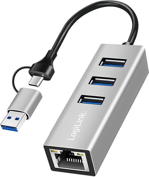 LogiLink USB 3.2 Gen 1 Hub με 3 Θύρες USB-A και 1 Θύρα Ethernet RJ45, Ασημί