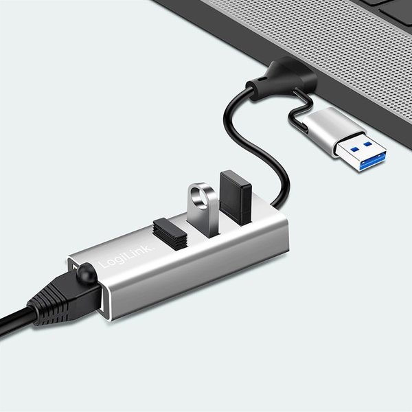 LogiLink USB 3.2 Gen 1 Hub με 3 Θύρες USB-A και 1 Θύρα Ethernet RJ45, Ασημί