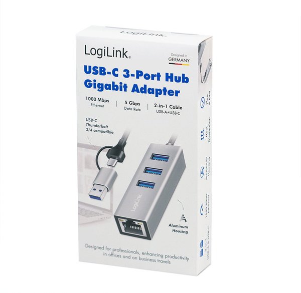 LogiLink USB 3.2 Gen 1 Hub με 3 Θύρες USB-A και 1 Θύρα Ethernet RJ45, Ασημί