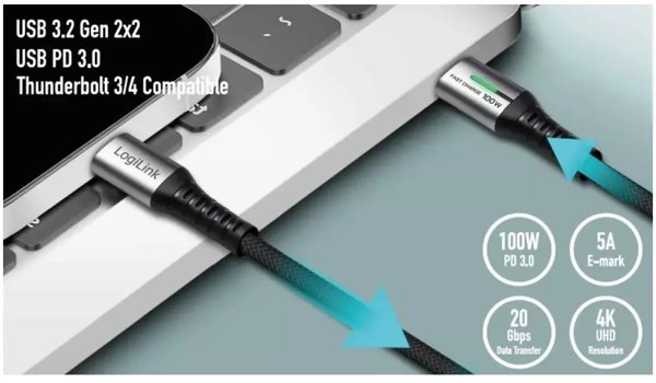 LogiLink USB 3.2 Gen2x2 Type-C-Kabel, C/M zu C/M LED 2m sw