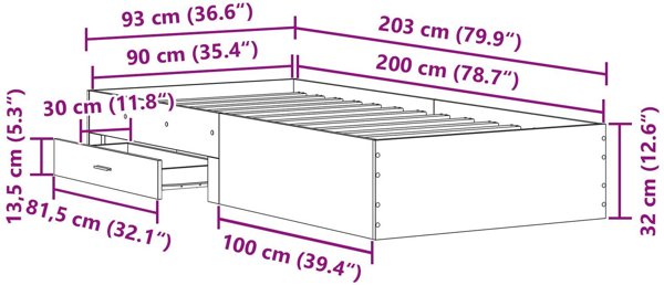 Κρεβάτι με πλαίσιο από παλιό ξύλο 90x200 cm Μηχανικό ξύλο