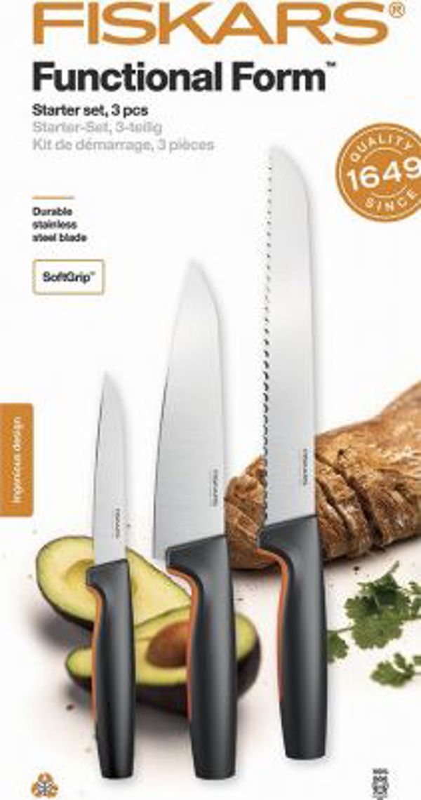 Fiskars Σετ Μαχαιριών 3 Τεμαχίων, Ανοξείδωτο Ατσάλι, Μαύρο Χρώμα - Ιδανικό για Ψωμί, Λαχανικά και Φρούτα
